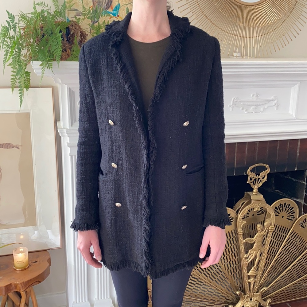 Rachel Zoe long fringe tweed jacket